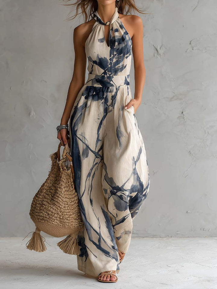 Halter Neck Ink Wash Print Široke Hlače Jumpsuit s Džepovima