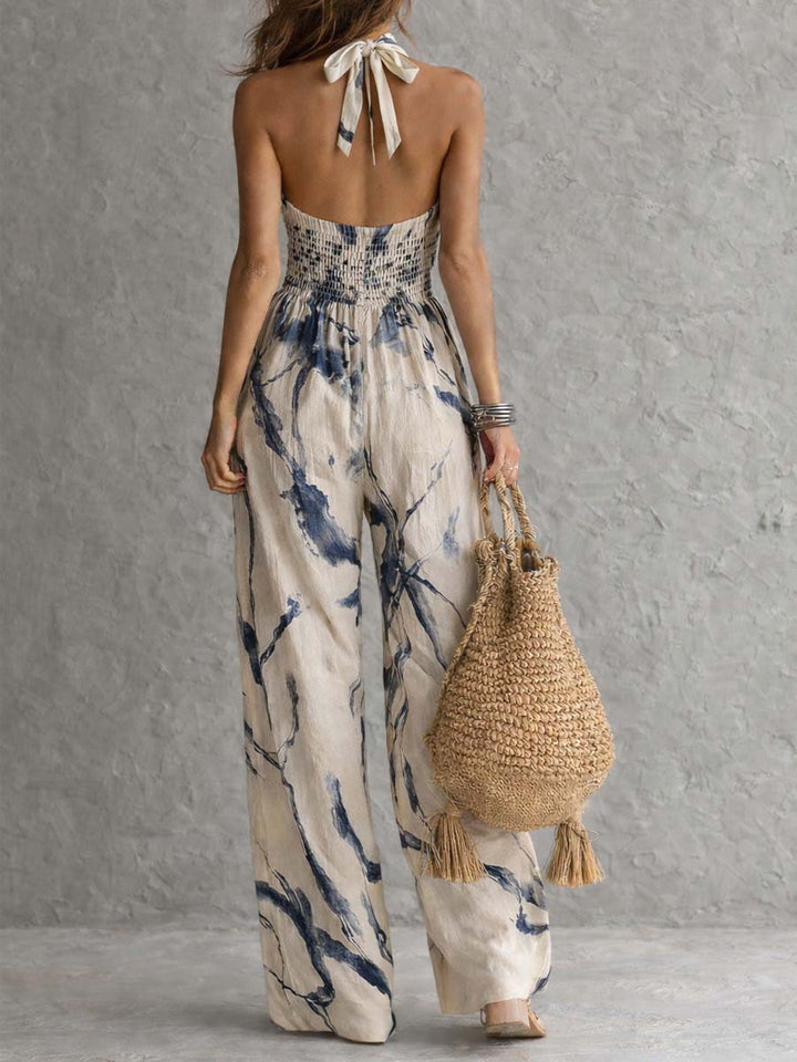 Halter Neck Ink Wash Print Široke Hlače Jumpsuit s Džepovima