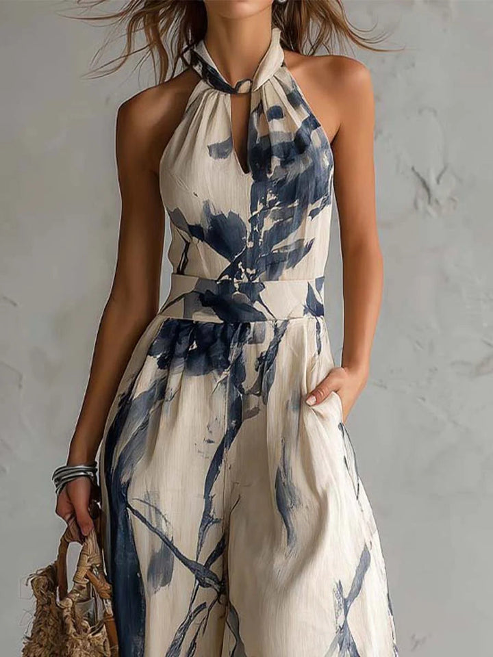 Halter Neck Ink Wash Print Široke Hlače Jumpsuit s Džepovima