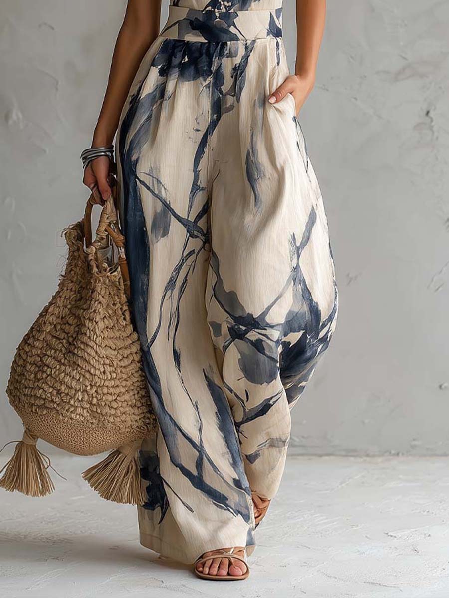 Halter Neck Ink Wash Print Široke Hlače Jumpsuit s Džepovima