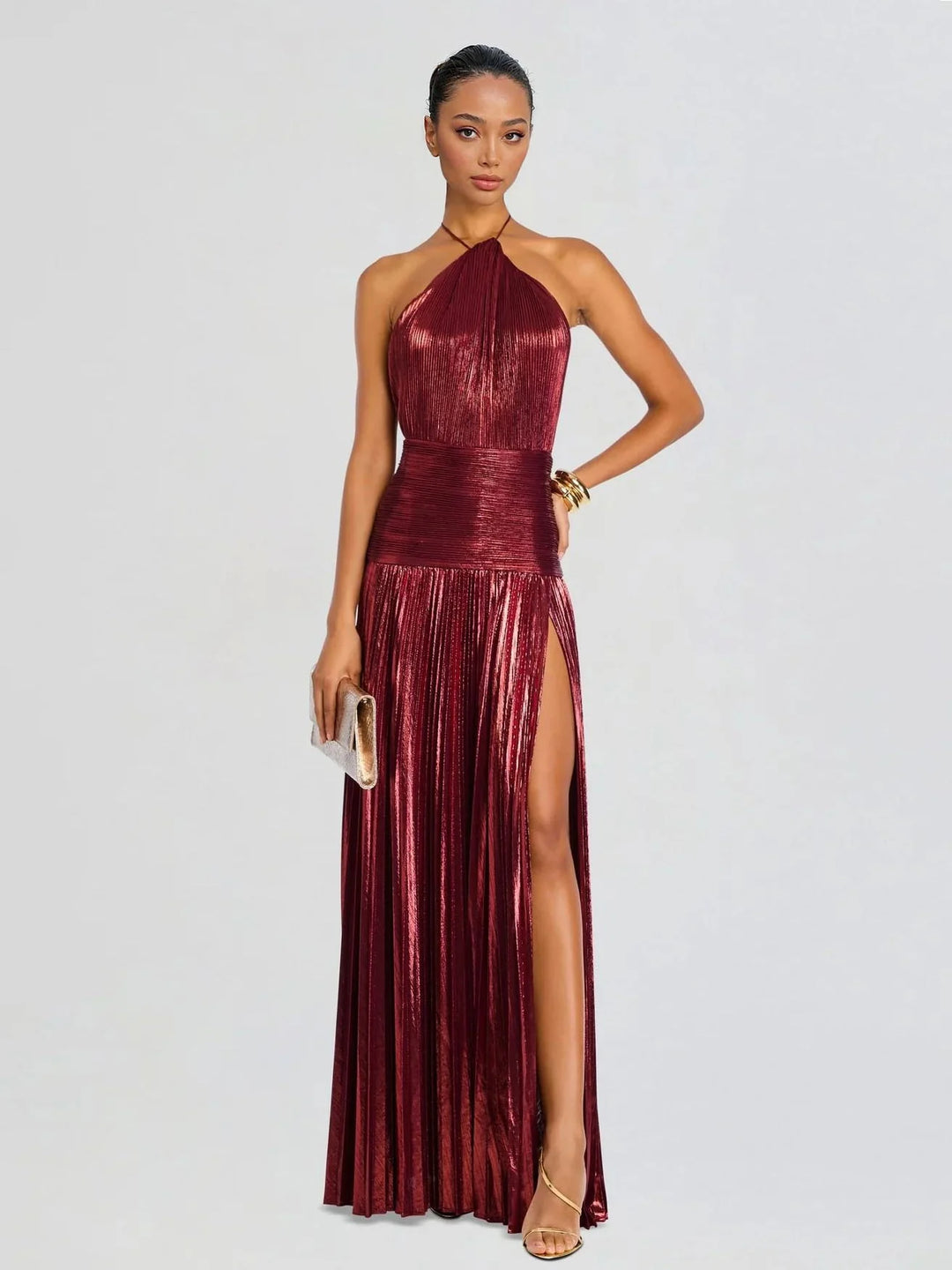 Elegantna Metalna Plisirana Halter Maxi Haljina