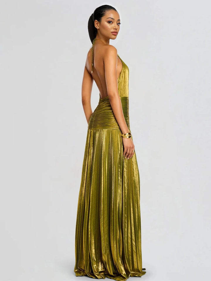 Elegantna Metalna Plisirana Halter Maxi Haljina