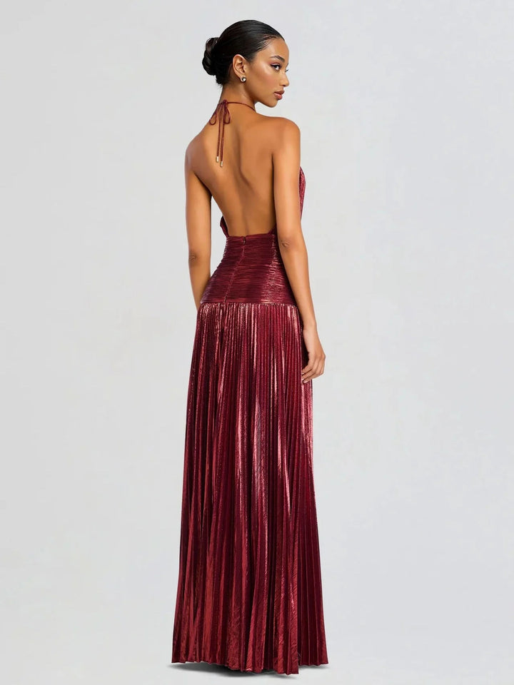 Elegantna Metalna Plisirana Halter Maxi Haljina