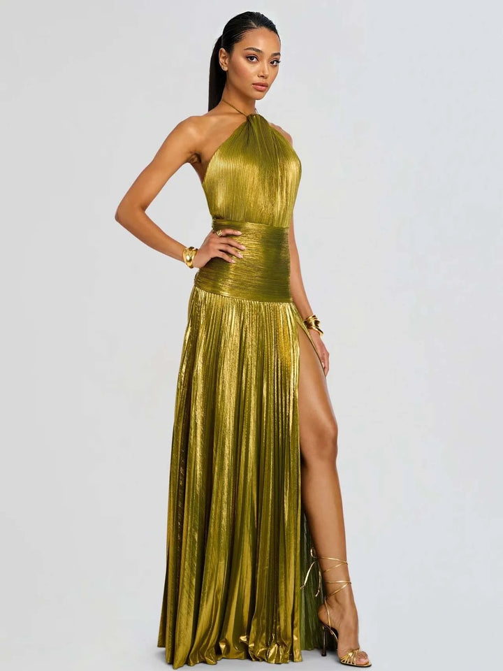 Elegantna Metalna Plisirana Halter Maxi Haljina