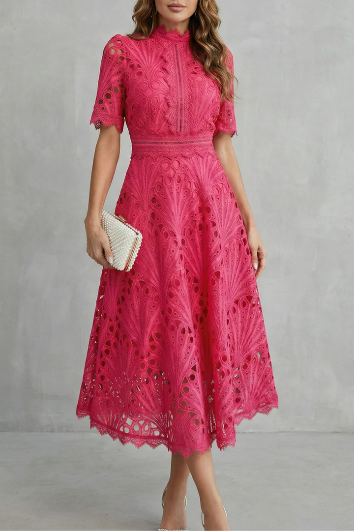 SERAPHINA - Vestido Midi Rendado Gola Alta