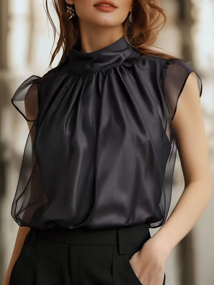 Elegantna Crna Chiffon Bluzica s Visokim Ovratnikom