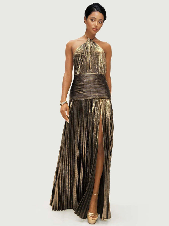 Elegantna Metalna Plisirana Halter Maxi Haljina