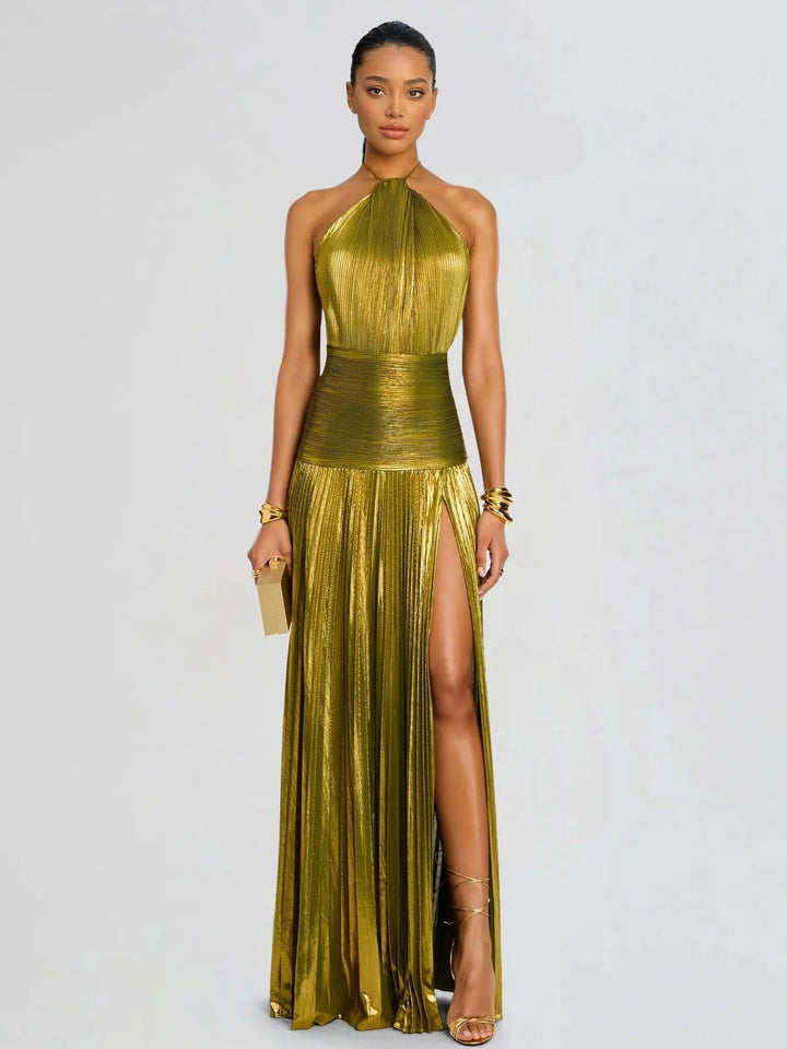Elegantna Metalna Plisirana Halter Maxi Haljina