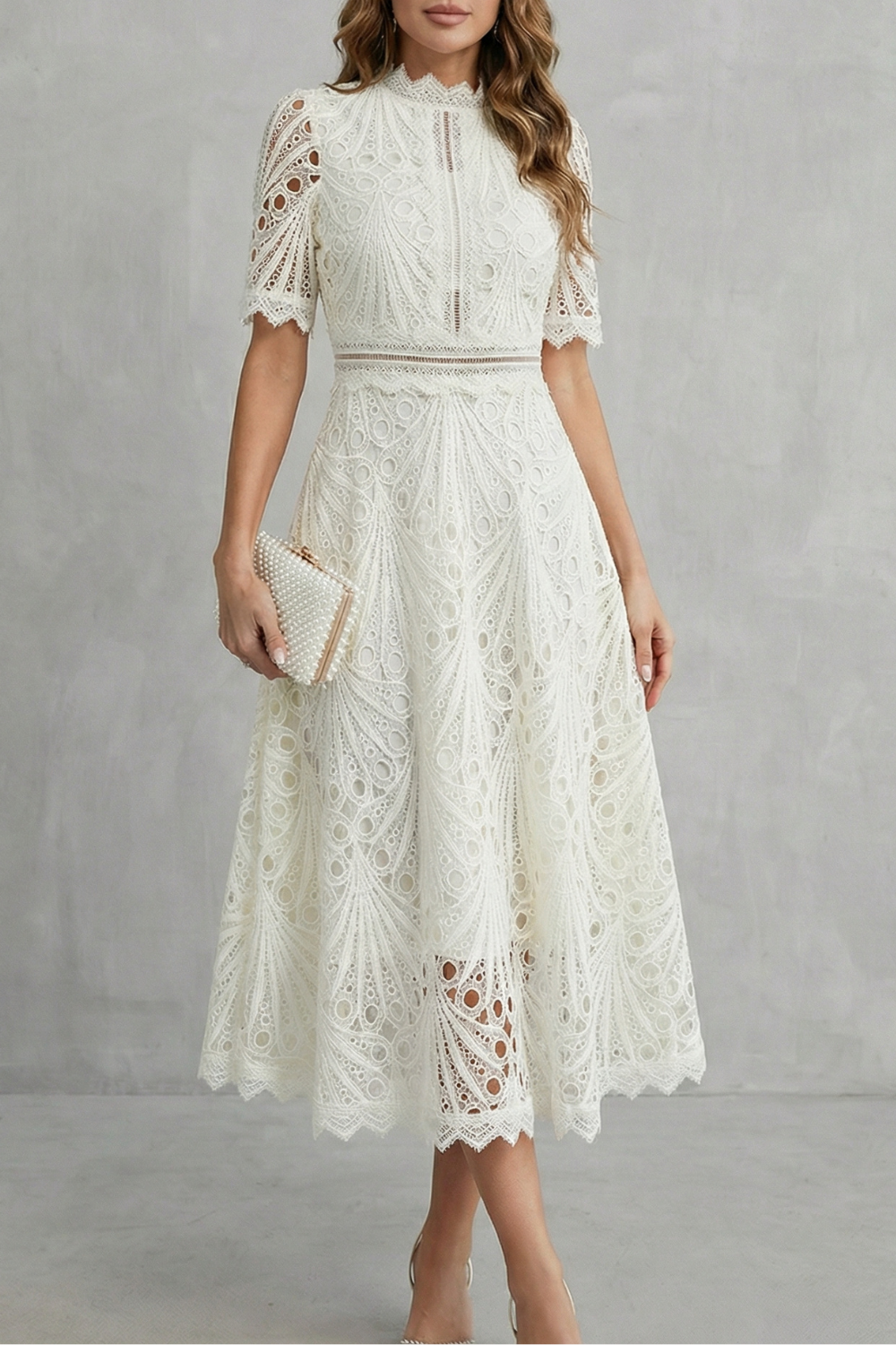 SERAPHINA - Vestido Midi Rendado Gola Alta