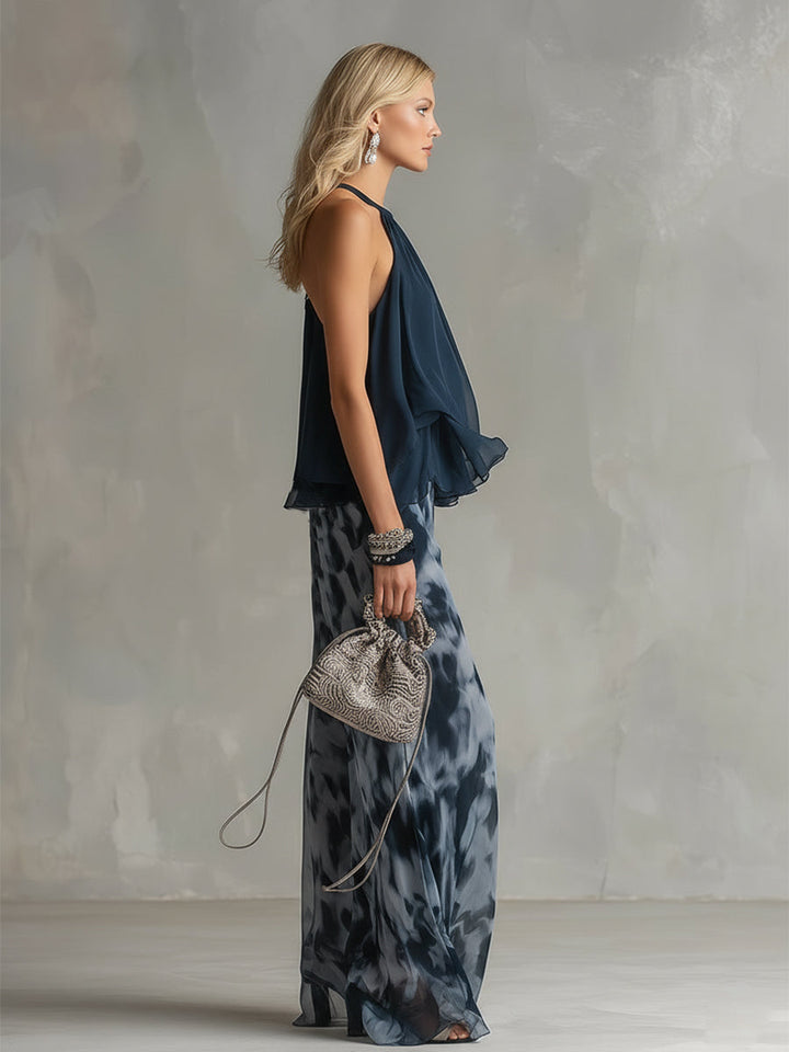 Ludovica – Elegantni set od čipke s topom visokog vrata i širokim hlačama s uzorkom