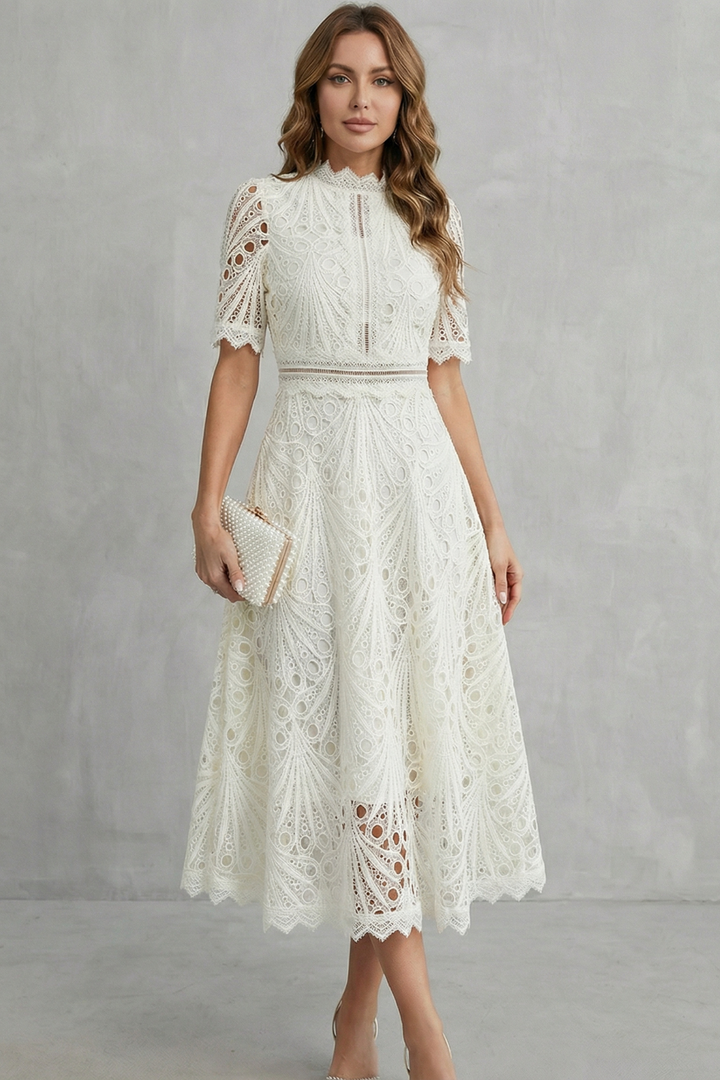 SERAPHINA - Vestido Midi Rendado Gola Alta