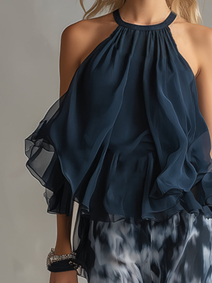 Ludovica – Elegantni set od čipke s topom visokog vrata i širokim hlačama s uzorkom