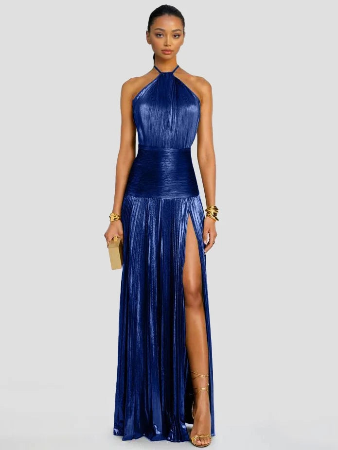Elegantna Metalna Plisirana Halter Maxi Haljina