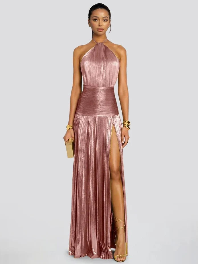 Elegantna Metalna Plisirana Halter Maxi Haljina