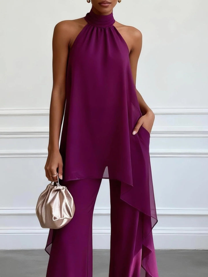 Ljubičasti Halter Bez Rukava Elegantni Top S Hlačama Dvodelni Set