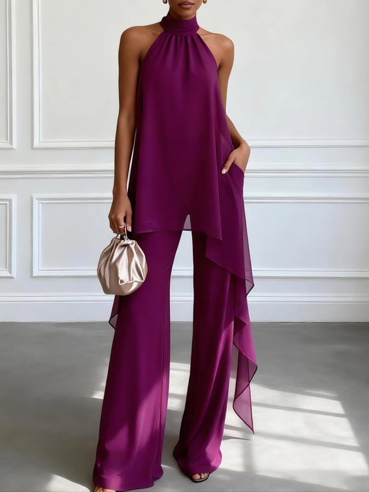 Ljubičasti Halter Bez Rukava Elegantni Top S Hlačama Dvodelni Set