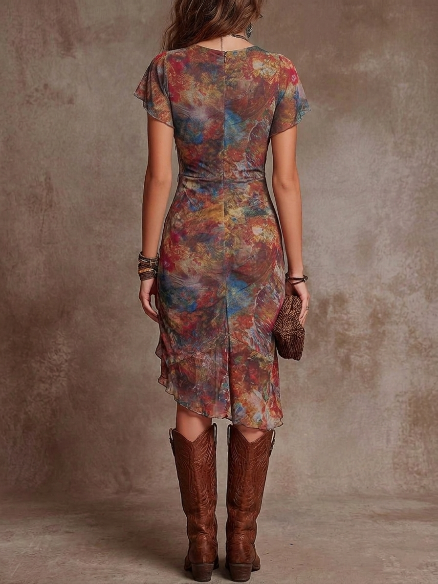 Martina - Midi plisirana haljina s V-izrezom, apstraktni umjetnički print u boho stilu