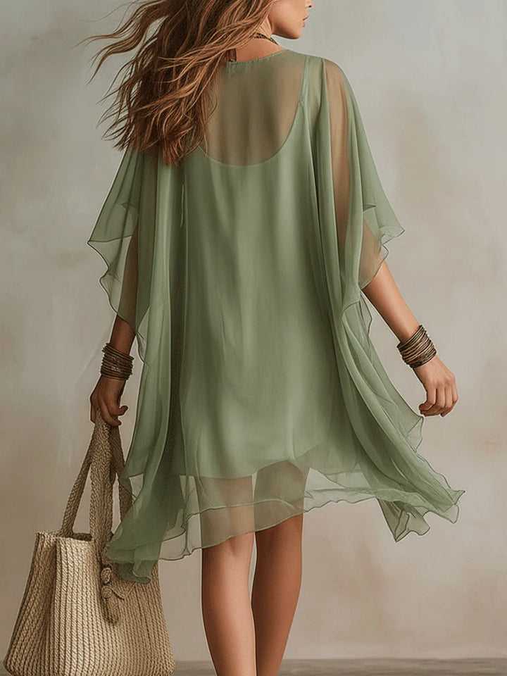 Zelena Chiffon Mini Haljina s V-Izrezom i Višeslojnim Dizajnom