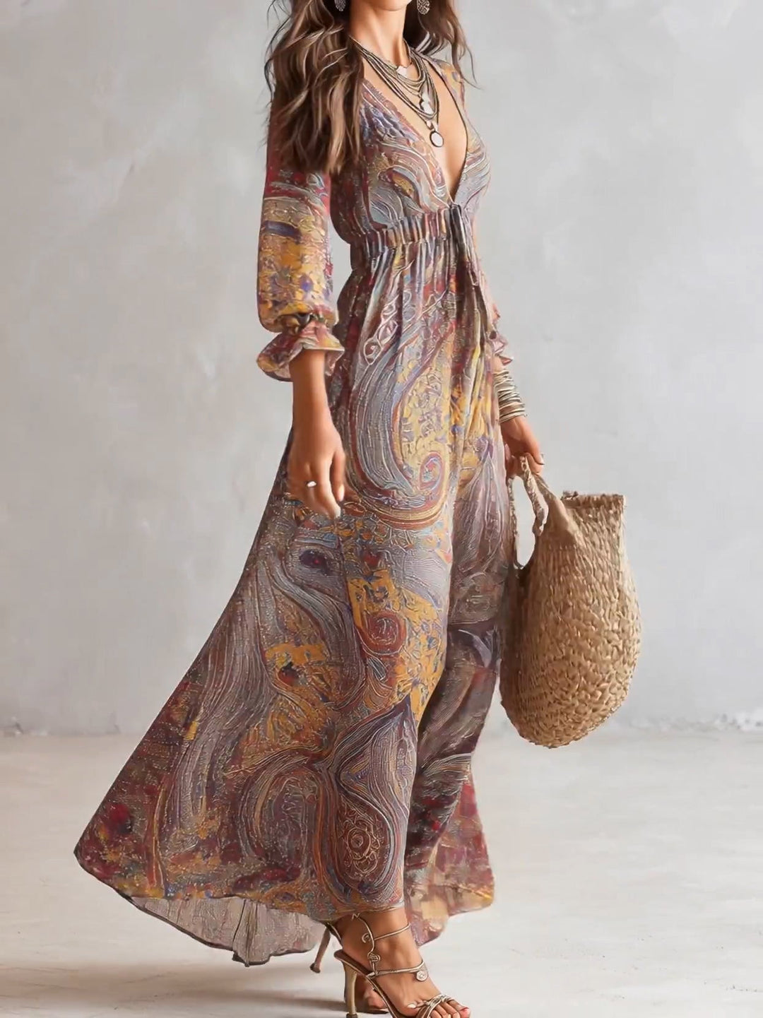 Haljina Maxi od Chiffona s Paisley Uzorkom i V-Izrezom
