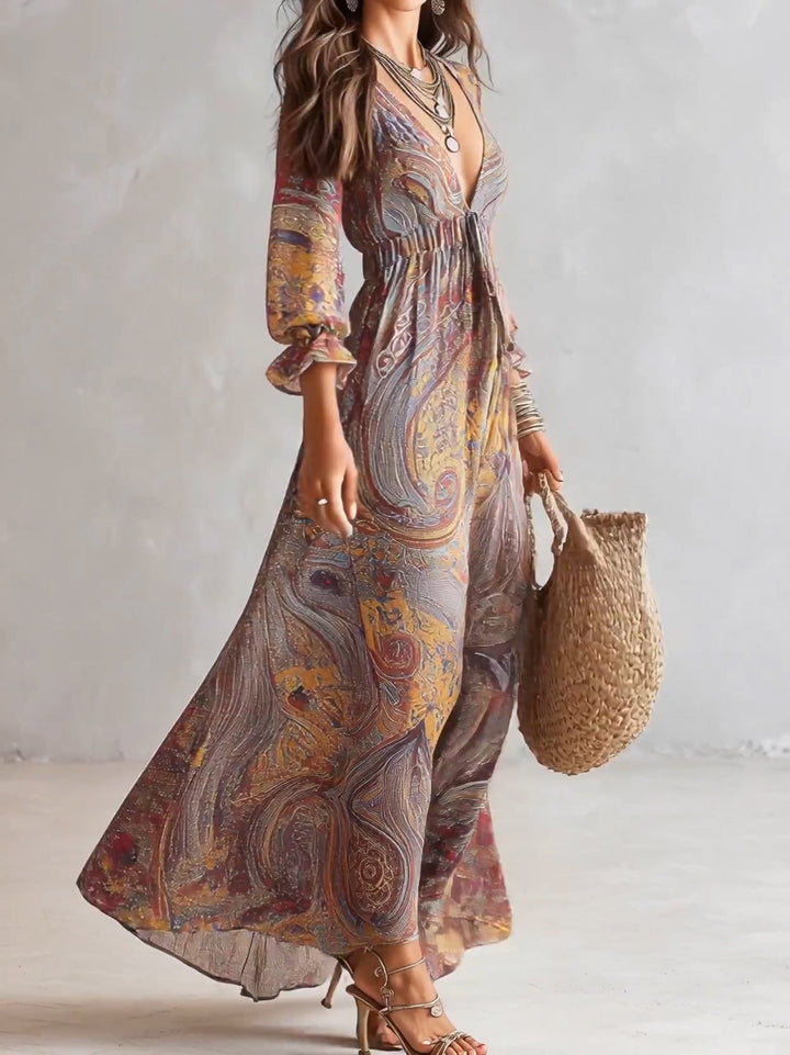 Haljina Maxi od Chiffona s Paisley Uzorkom i V-Izrezom