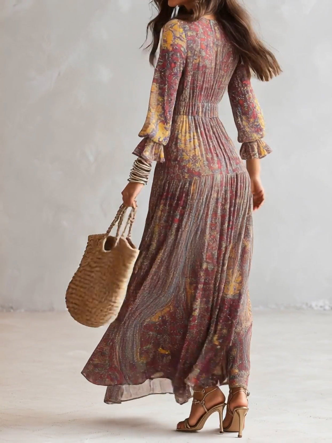 Haljina Maxi od Chiffona s Paisley Uzorkom i V-Izrezom