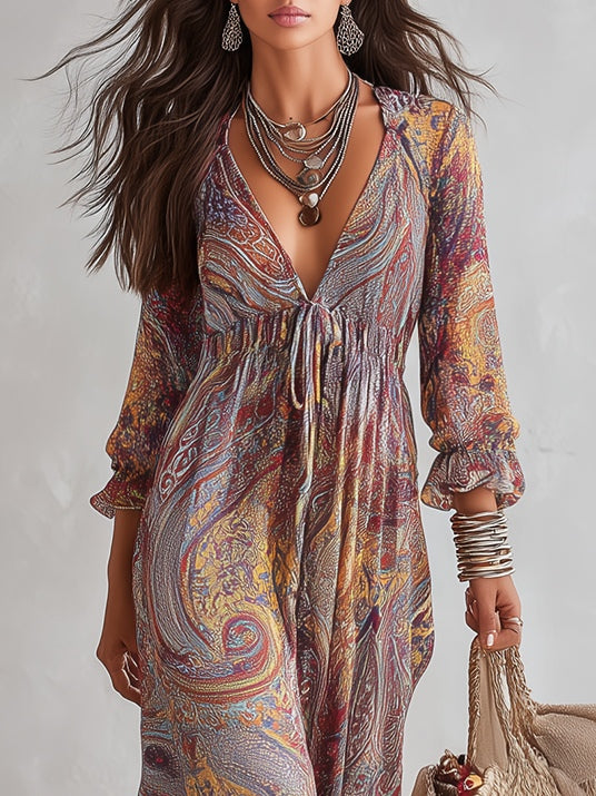 Haljina Maxi od Chiffona s Paisley Uzorkom i V-Izrezom