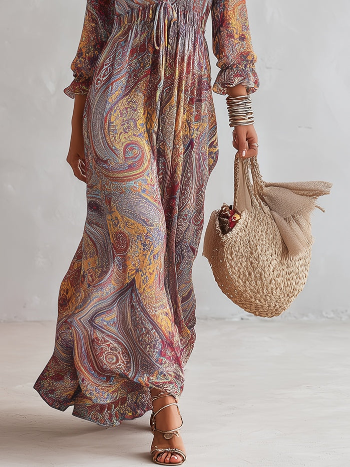 Haljina Maxi od Chiffona s Paisley Uzorkom i V-Izrezom