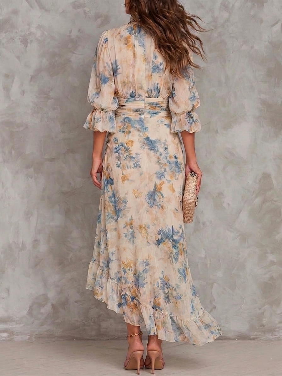 Bežna Turtleneck Ulje Slikano Cvjetni Print Nepravilna Chiffon Maxi Haljina