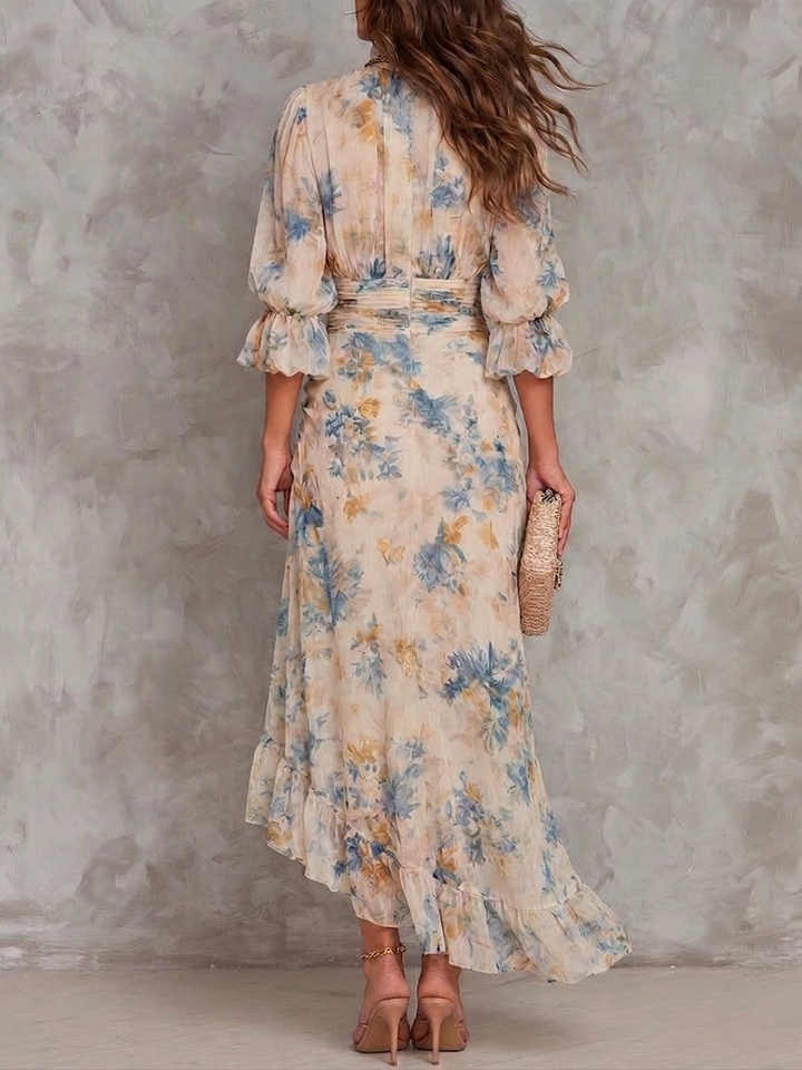 Bežna Turtleneck Ulje Slikano Cvjetni Print Nepravilna Chiffon Maxi Haljina