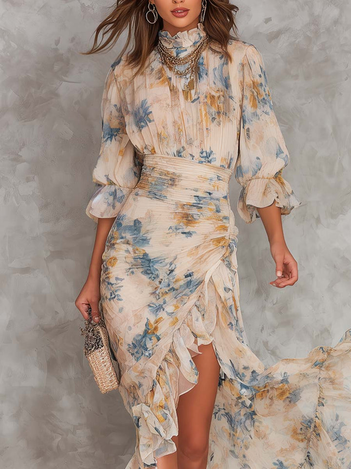Bežna Turtleneck Ulje Slikano Cvjetni Print Nepravilna Chiffon Maxi Haljina