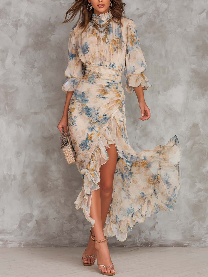 Bežna Turtleneck Ulje Slikano Cvjetni Print Nepravilna Chiffon Maxi Haljina