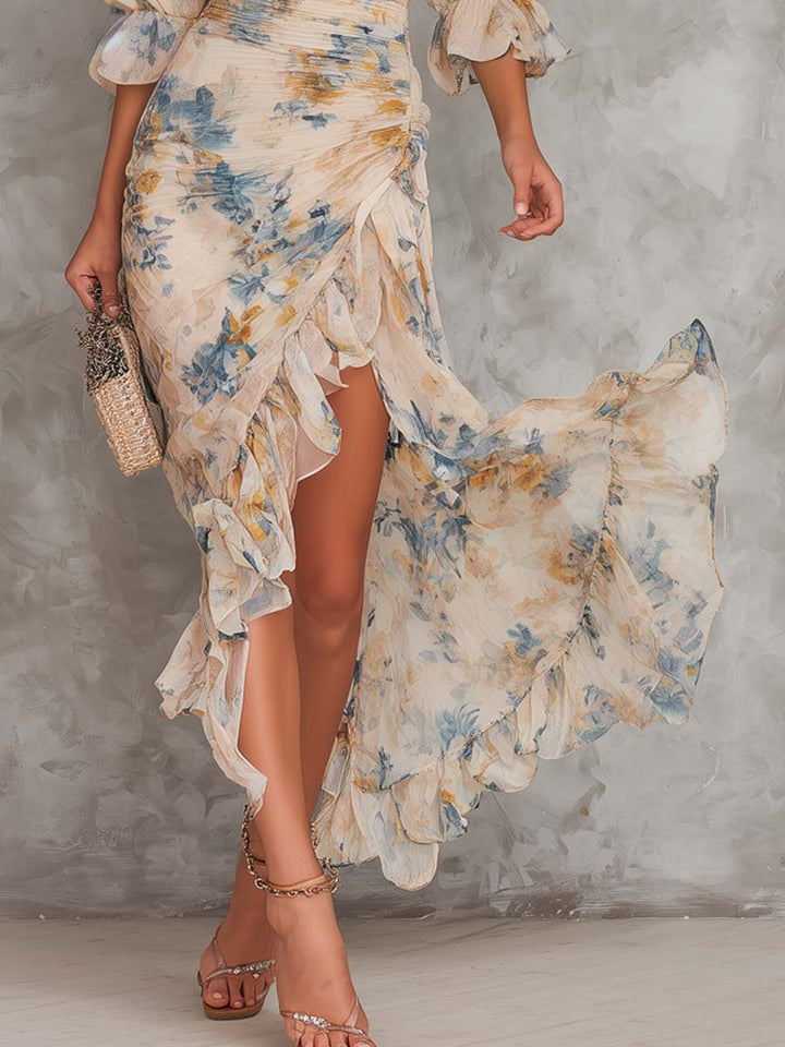 Bežna Turtleneck Ulje Slikano Cvjetni Print Nepravilna Chiffon Maxi Haljina