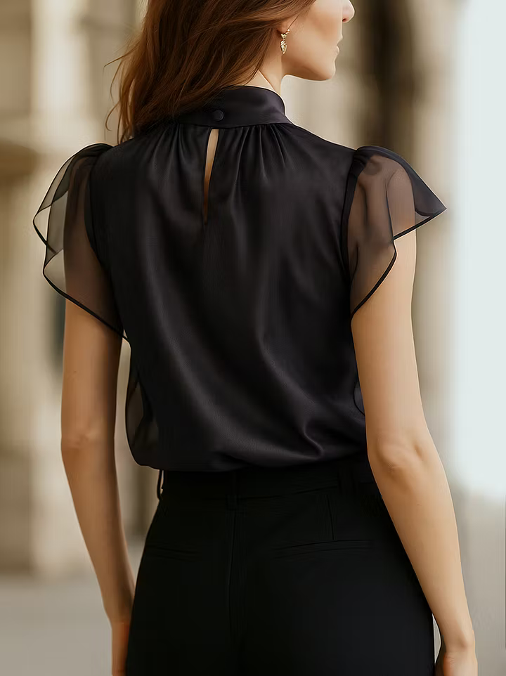 Elegantna Crna Chiffon Bluzica s Visokim Ovratnikom