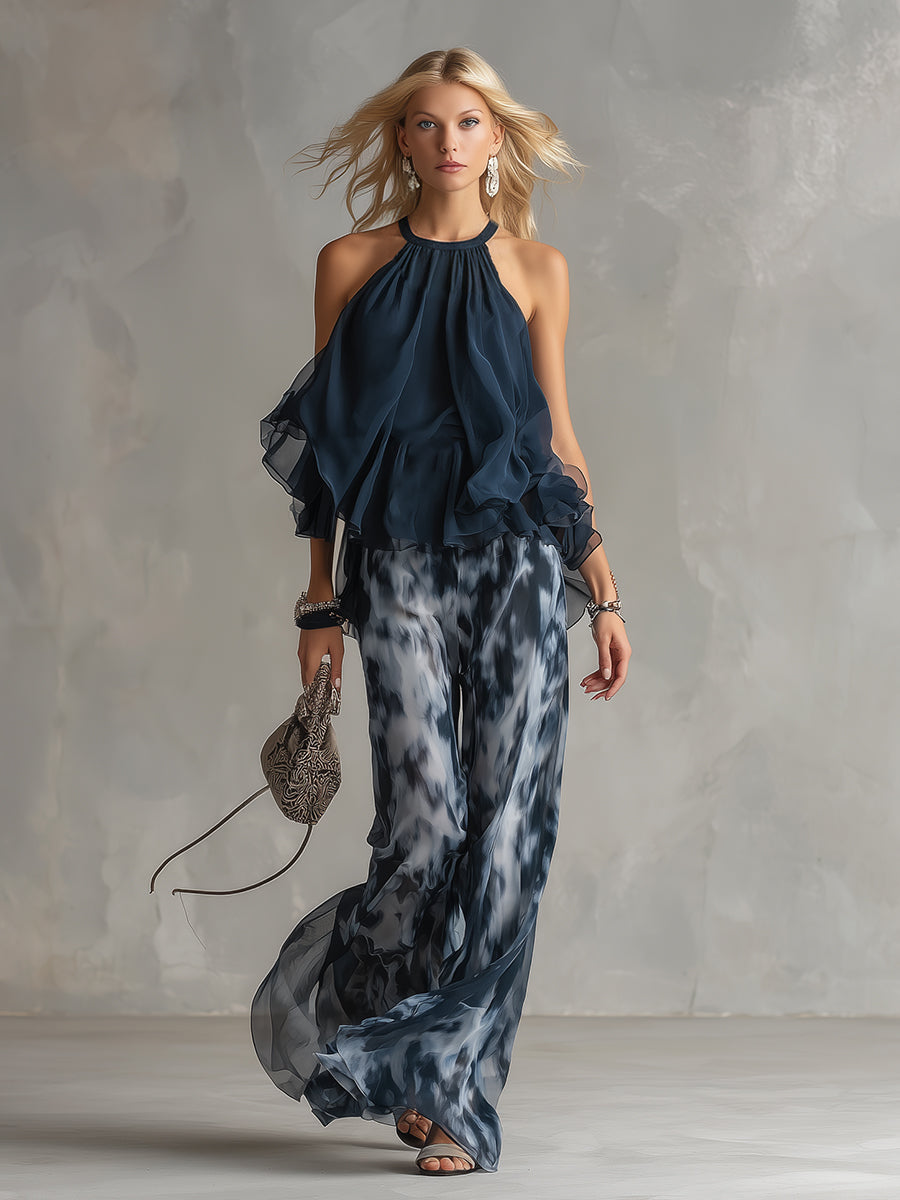 Ludovica – Elegantni set od čipke s topom visokog vrata i širokim hlačama s uzorkom
