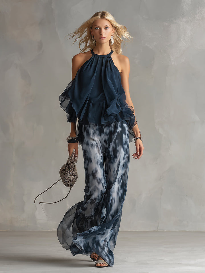 Ludovica – Elegantni set od čipke s topom visokog vrata i širokim hlačama s uzorkom