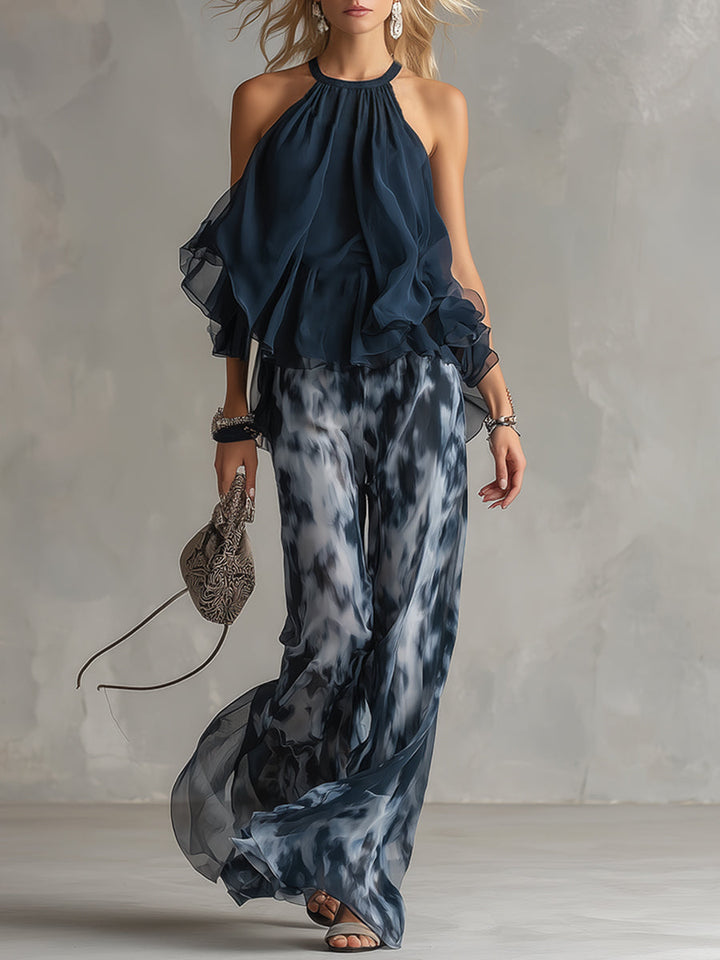 Ludovica – Elegantni set od čipke s topom visokog vrata i širokim hlačama s uzorkom